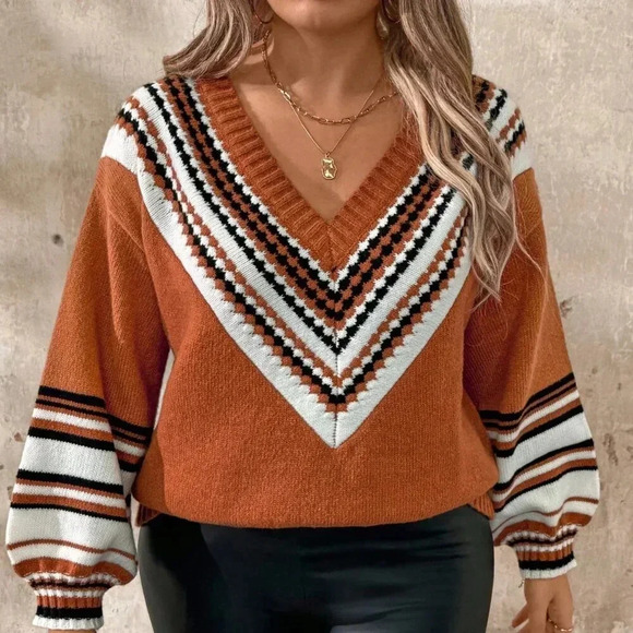 Sweaters - Orange Casual Women's Plus Size Knitted Loose Colorblock V-Neck Pullover Sweater